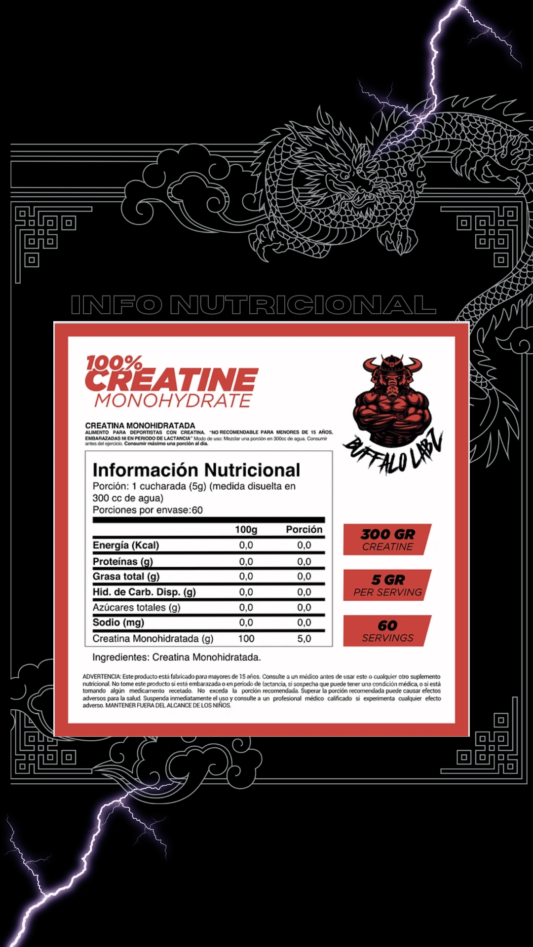 Creatina Buffalo Labz 300gr (60 Servicios)